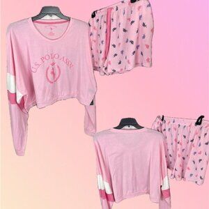 U.S. Polo Assn Plus 3X Pink Logo Crop Long Sleeve Top & Pocket Shorts Lounge Set